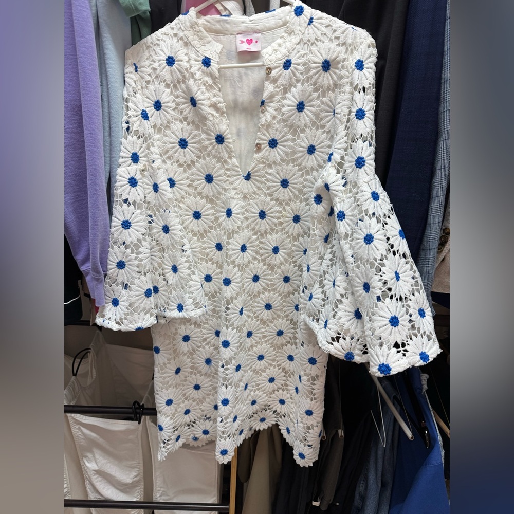 Buddy Love White Crochet Mini Dress with Blue Accents